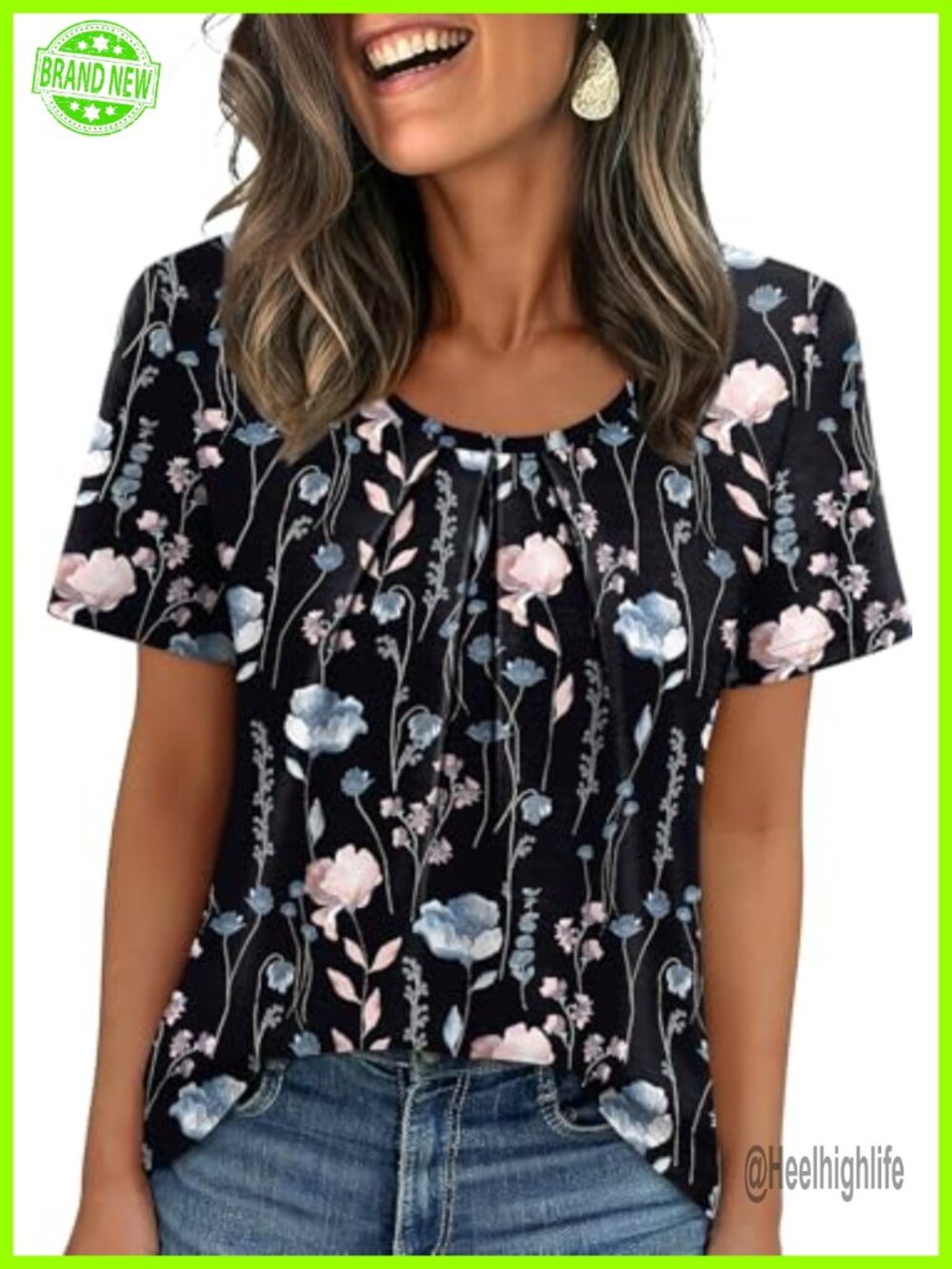 Womens Pleated Short Sleeve Scoop Neck Tunic Top Business Casual Blouse